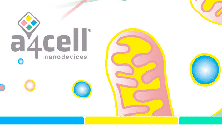 A4cell nanodevices, e imágenes de amebas de colores azul, amarillo, verde y rosa