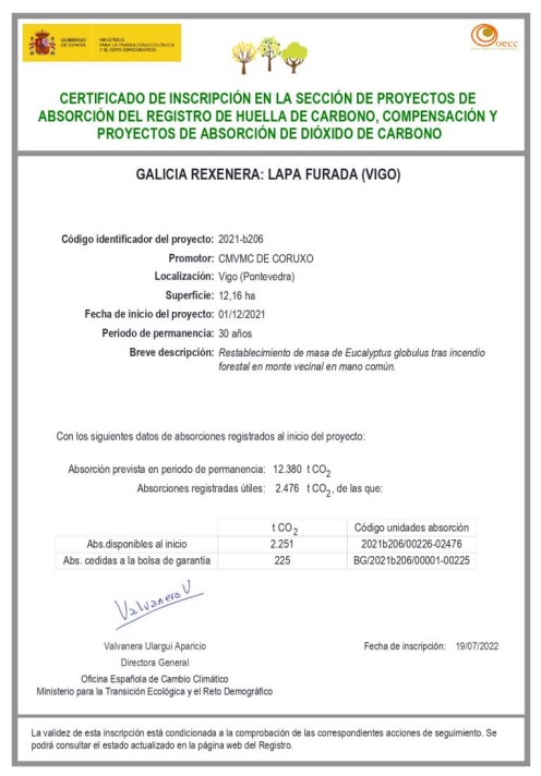 Certificado de inscripción en la sección de proyectos de absorción del Registro de Huella de Carbono, Compensación y Proyectos de Absorción de Dióxido de Carbono que tiene el formato de tabla, en letras negras y gris sobre fondo blanco. En la esquina superior izquierda contiene el sello del Gobierno de España y el Ministerio para la Transición Ecológica y el Reto Demográfico.
