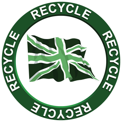 Círculo verde con la palabra Recycle escrito 4 veces. Dentro hay una bandera de Reino Unido con filtro verde
