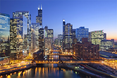 City of Chicago. Image of Chicago downtown and Chicago River with bridges during sunset.
