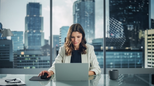 mujer de negocios trabajando en su oficina en una gran ciudad