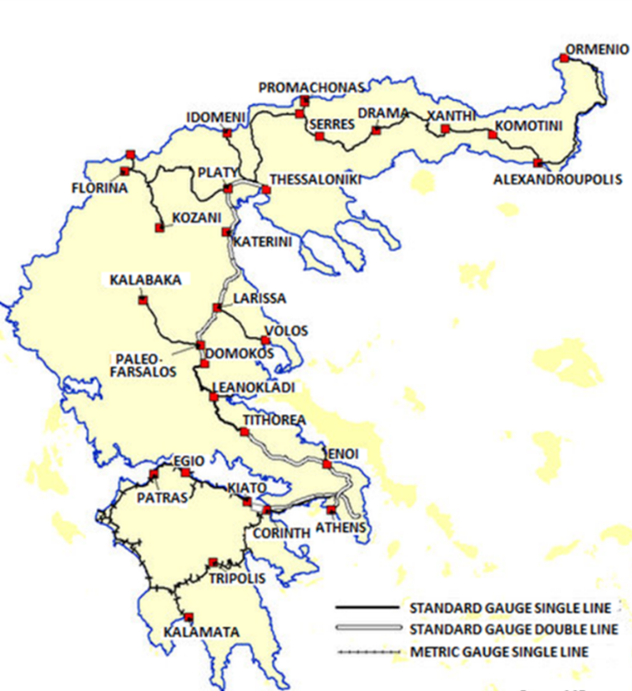 Mapa de Grecia donde se muestra la distribución de la red ferroviaria en el país.
