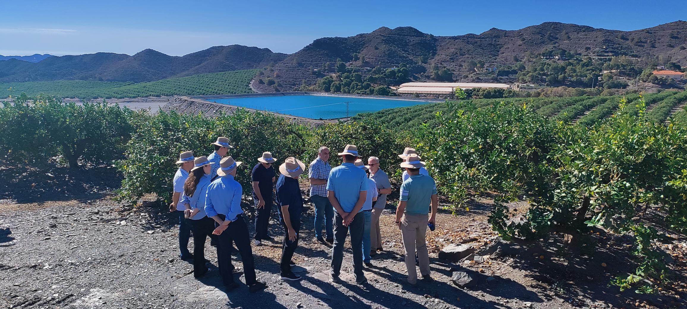 Varias personas están de pie en una finca de cultivo.