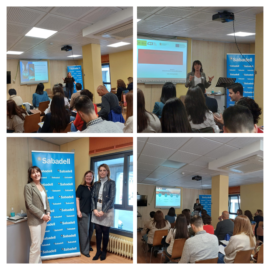 Cuatro imágenes donde aparecen varias personas sentadas escuchando una conferencia