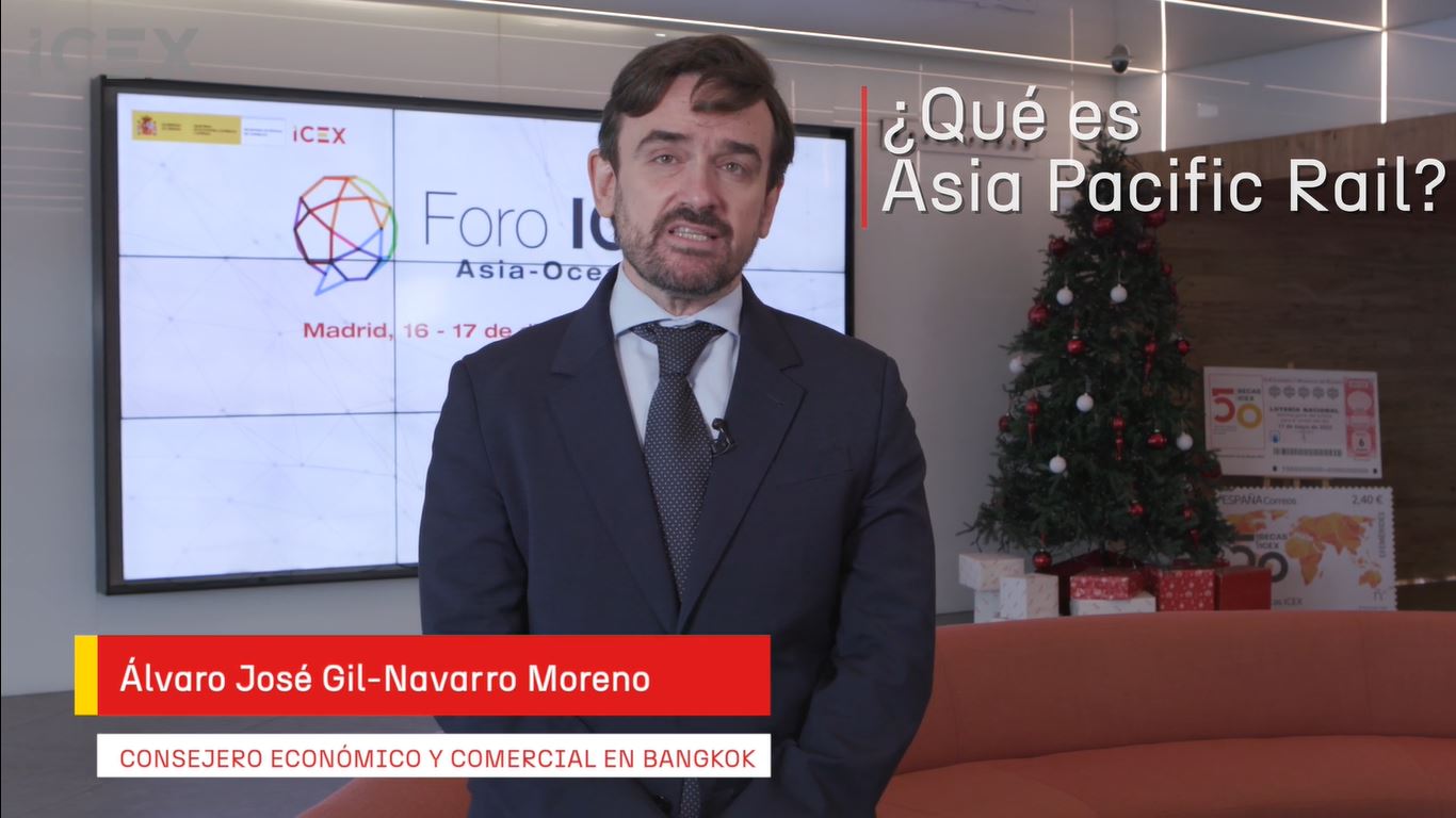 El consejero económico y comercial en Bangkok, Álvaro José Gil-Navarro Moreno, cuenta cuáles son las oportunidades que ofrece el sector ferroviario en Tailandia, y los motivos para asistir a Asia Pacific Rail con ICEX.