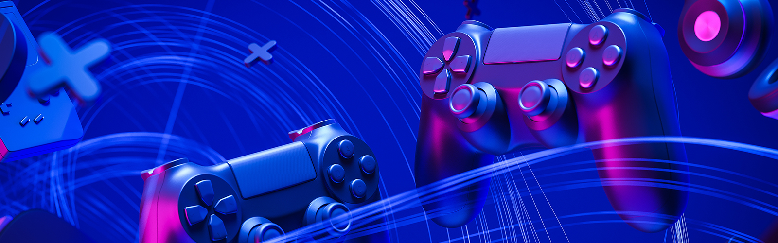 Varios mandos negros de PS4 sobre un fondo azul con logotipos en forma de cruz.