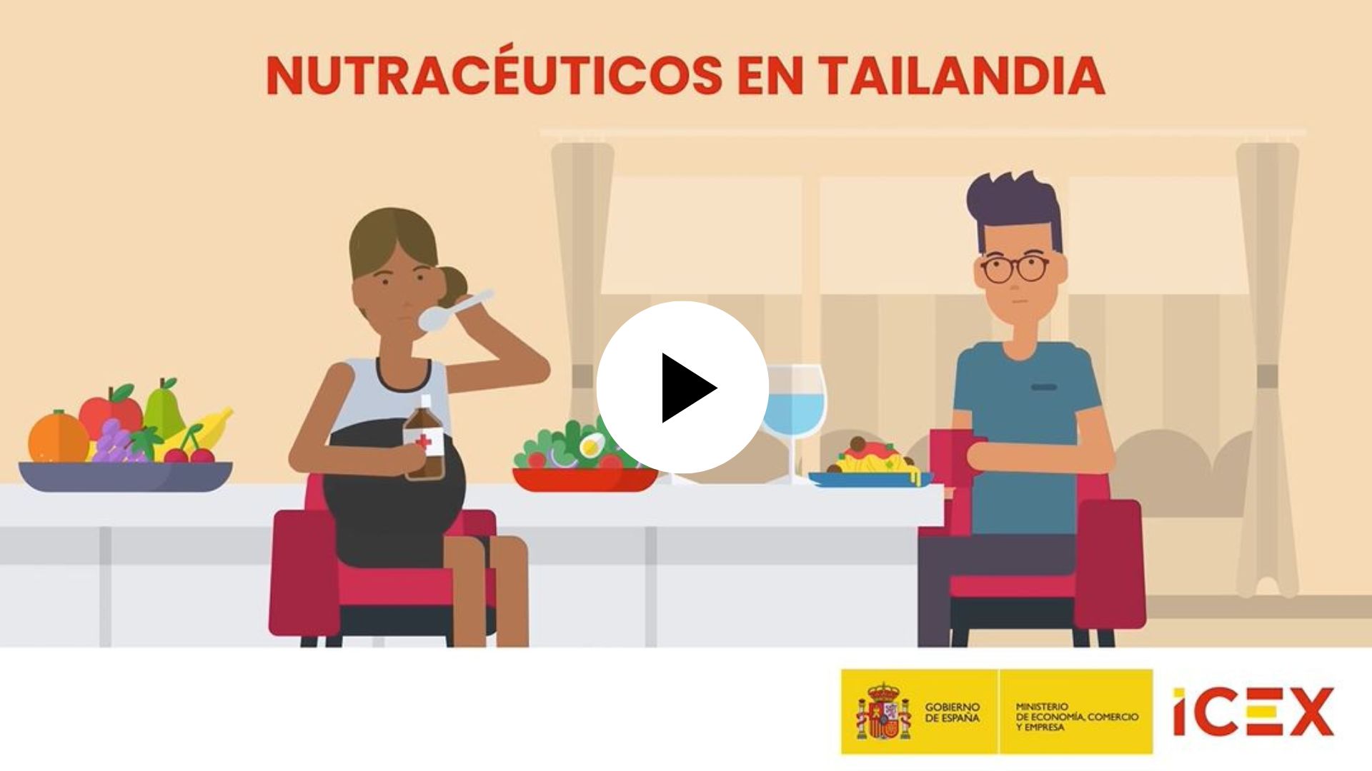 Nutracéuticos en Tailandia. Un hombre y una mujer comen y beben en una mesa llena de comida y bebida.