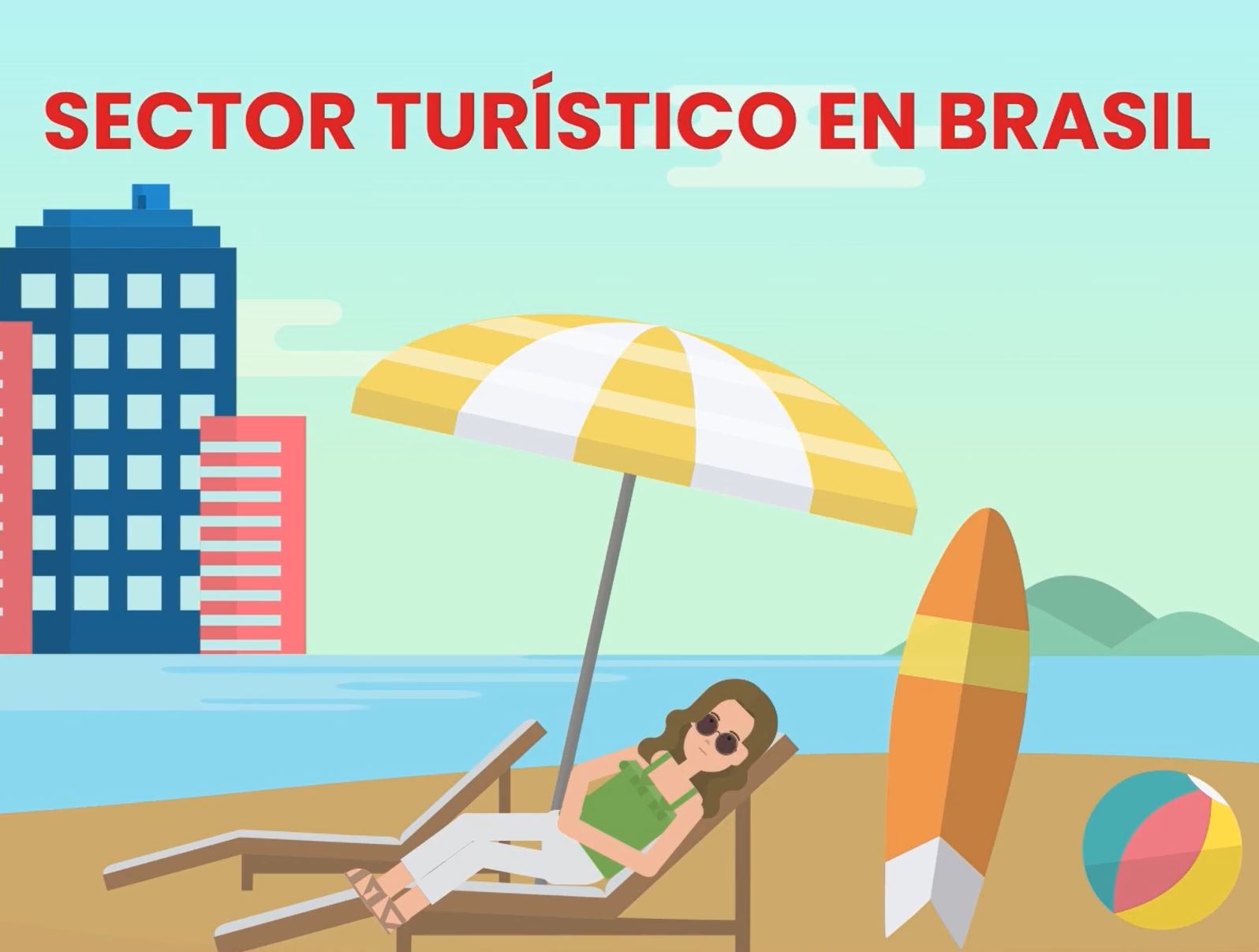 Una mujer toma el sol en una hamaca bajo una sombrilla, y junto a una tabla de surf y un balón de playa.