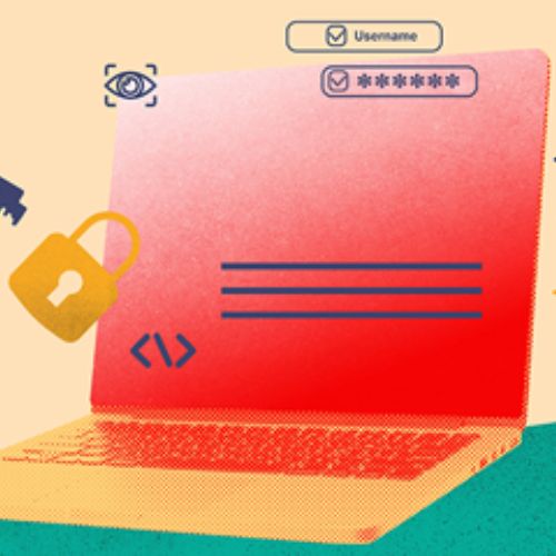 Un ordenador portátil con un candado, una pantalla roja con códigos, un teclado rojo y la base de color anaranjado.
