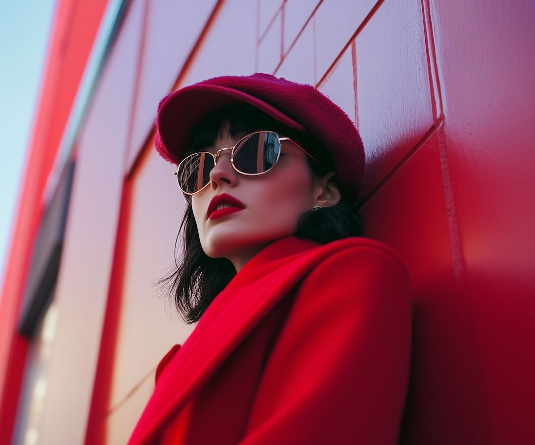 Una mujer sofísticada con una boina roja, unas gafas de sol, los labios pintados de rojo y un abrigo rojo, apoyada en una pared roja.