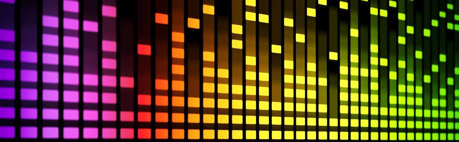 Varias barras verticales formadas por sucesiones de rectángulos rosados, naranjas y rojos, que sirven como indicadores de medición de sonido.