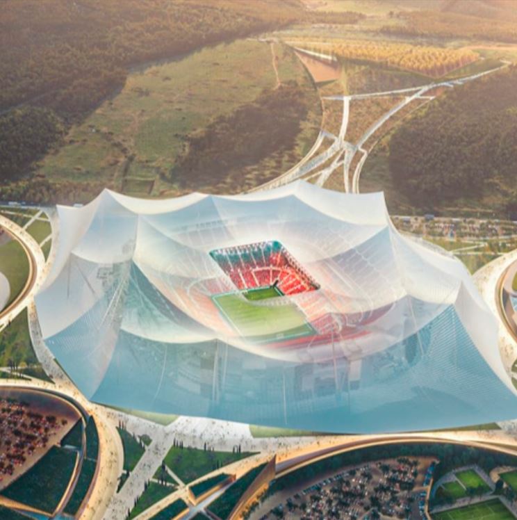 Panorámica del estadio de fútbol donde se jugarán varios de los partidos del Mundial 2030 en Marruecos.
