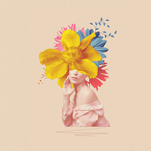 Fondo de color naranja rosado, y una mujer asiática con vestido rosa y unos pétalos de rosa tapándola el pelo y los ojos.