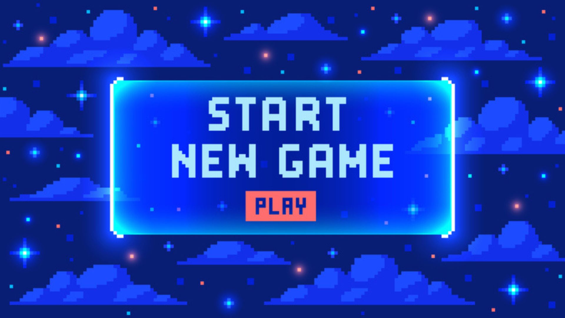 Fondo con nubes y estrellas de noche de pixelart. En el centro hay un cartel en el que pone "Start New Game. Play".
