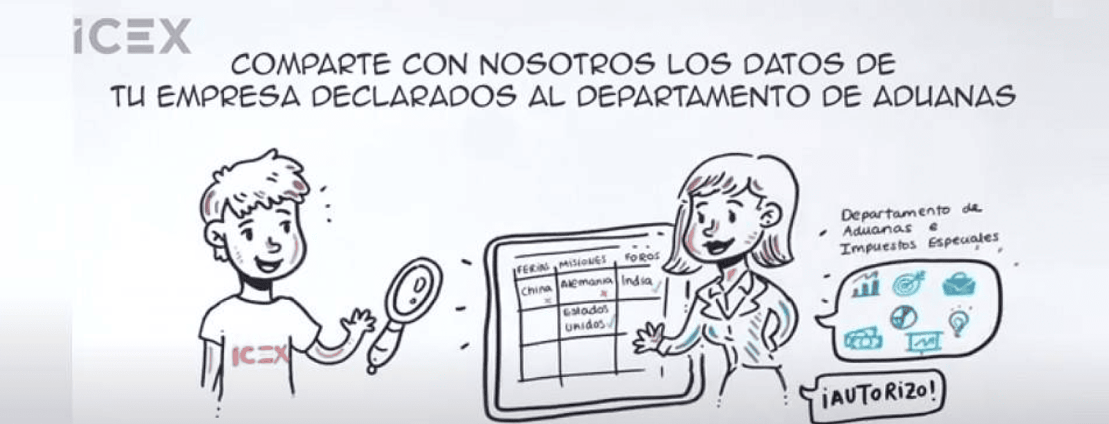 Dibujo de un hombre con una camiseta de ICEX y una mujer del Departamento de Aduanas
