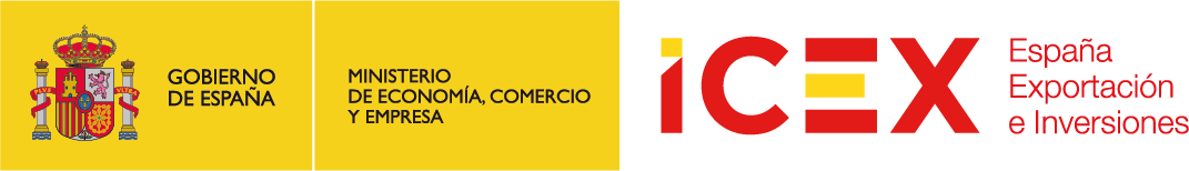 Logo del Gobierno de España, Ministerio de Economía, Comercio y Empresa junto con el logo de ICEX. Incluye el escudo de España