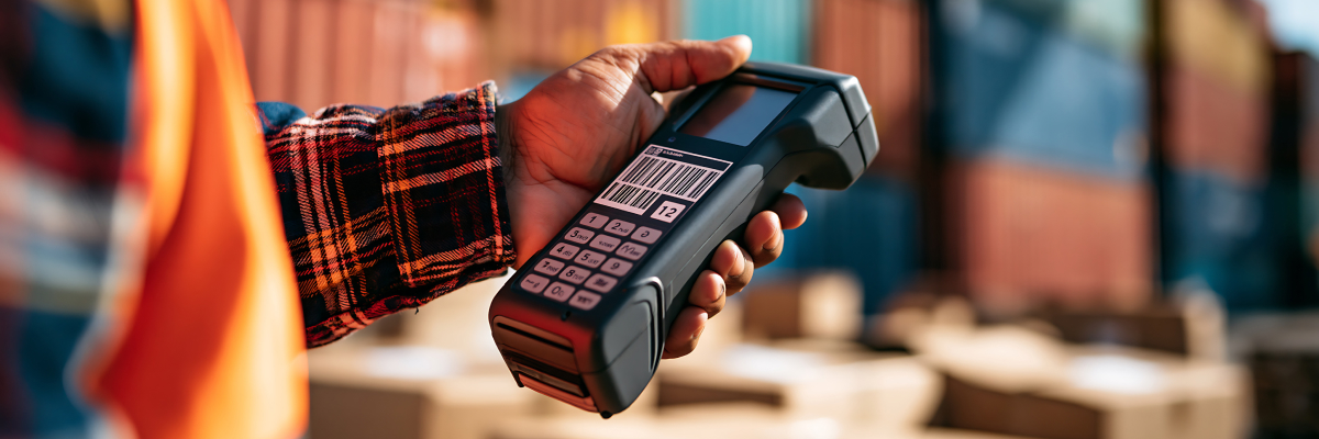 Terminal portátil de lectura de códigos de barras empleado para el control y seguimiento de mercancías en una operación logística internacional.