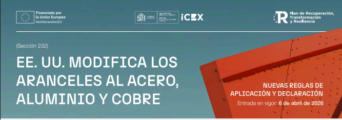 Imagen con fondo azul, logos de ICEX y de Invest in spain y letras en blanco con el texto  "Modificación de aranceles al acero, aluminio y al cobre"