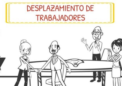 Desplazamiento de trabajadores. Una mujer realiza anotaciones en una libreta. Mientras, se celebra una reunión en la que un hombre y una mujer se estrechan la mano y otro hombre y otra mujer aplauden.