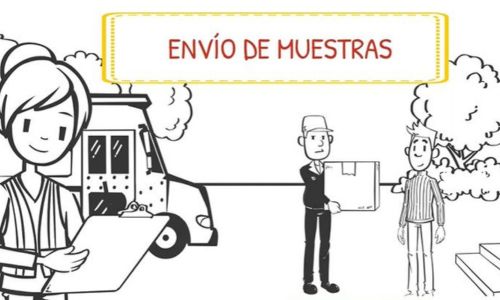 Envío de muestras. Una mujer hace anotaciones en una libreta y, al lado, un hombre entrega una caja a otro.