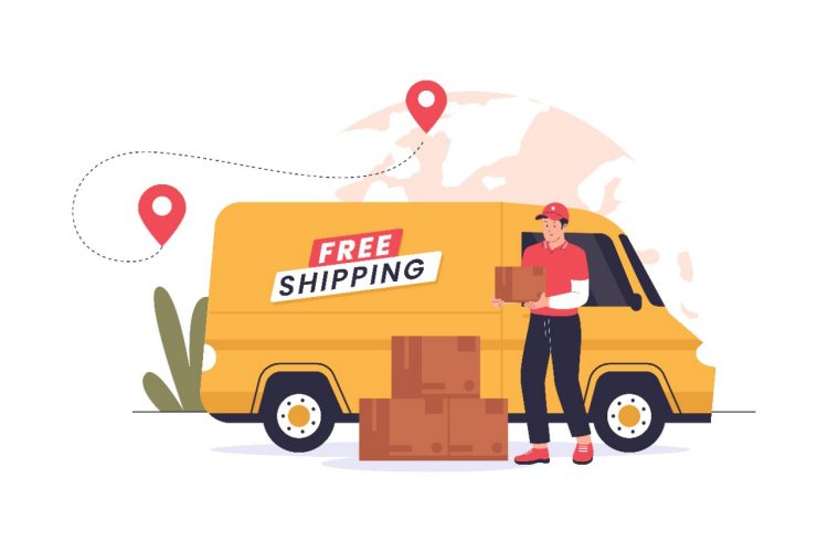 Imagen ilustrativa de la noticia sobre el factor clave en las decisiones de la compra online de Portugal en 2025. Representa mediante un dibujo a un repartido con una caja en las manos al lado de una furgoneta en la que se lee free shipping (envío gratuito).