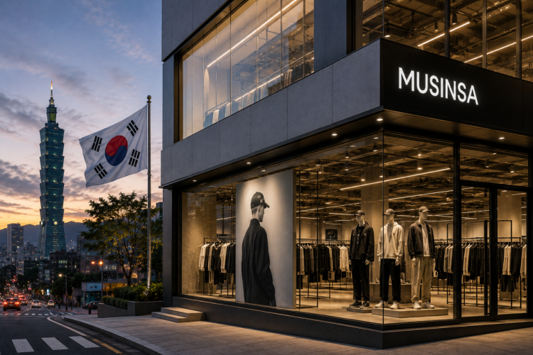 Imagen ilustrativa para la noticia "Musinsa, plataforma surcoreana de moda, desembarca en Taiwán". Muestra el escaparate de una tienda Musinsa con una bandera surcoreana al lado.