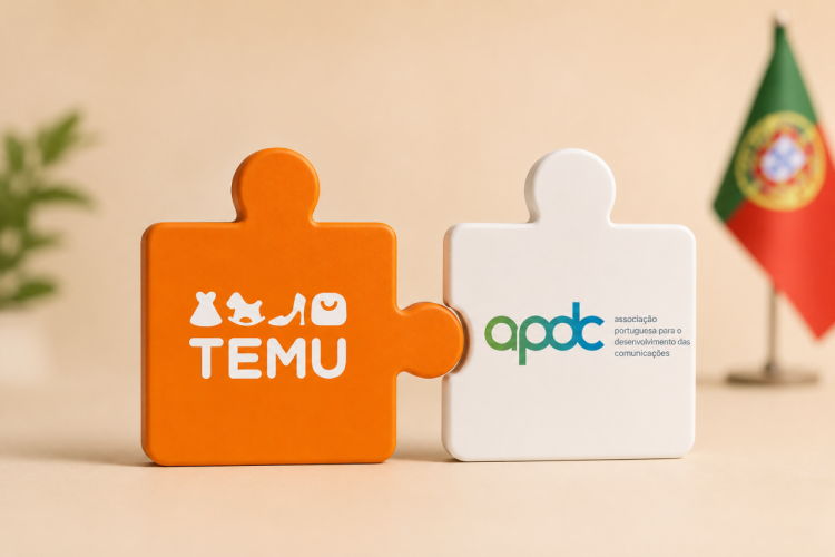 Imagen ilustrativa para la noticia "Temu y la APDC se alían para impulsar el ecommerce en Portugal". Muestra dos piezas de puzzle con los logos de ambas entidades (Temu y la APDC) con una bandera de Portugal al fondo.