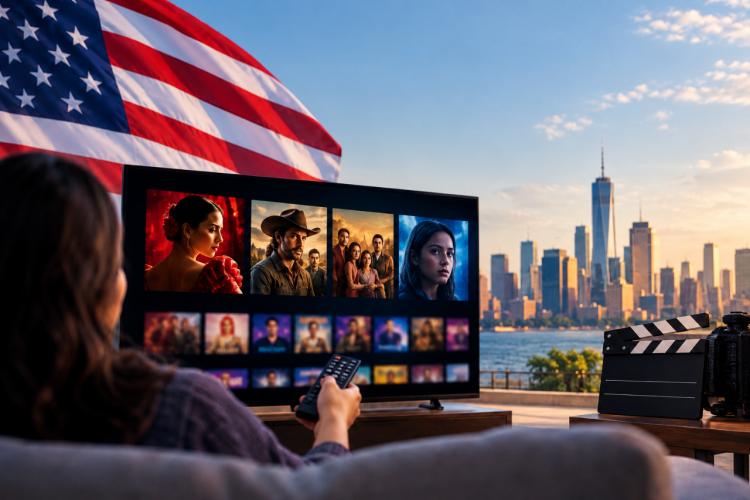 Imagen ilustrativa de la noticia "El auge del español afecta al mercado audiovisual de EE. UU.". Muestra un televisor con una plataforma de streaming con el skyline de Nueva York de fondo.