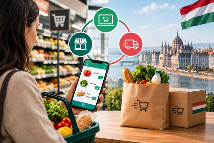 Imagen ilustrativa para la noticia "Hungría: la omnicanalidad transforma los hábitos de compra alimentaria". Muestra una mujer haciendo la compra con el Parlamento de Hungría de fondo.