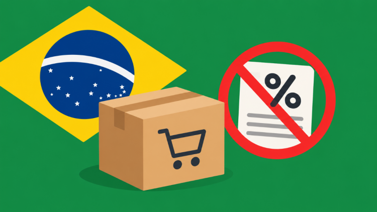 Imagen ilustrativa para la noticia "Brasil suprime aranceles para impulsar las importaciones". Muestra una bandera de Brasil, una caja y una factura tachada hechos en iconos.