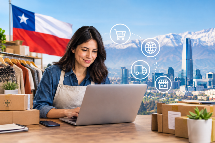 Imagen ilustrativa para la noticia "Chile impulsa el comercio digital de las pymes con PymeDay". Muestra una comerciante en un ordenador portátil con paquetes de envío en una mesa y la bandera chilena de fondo.