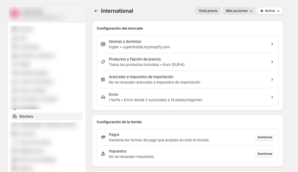 Panel de configuración de mercados