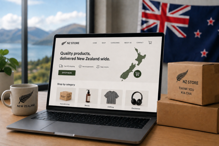 Imagen ilustrativa para el artículo "Nueva Zelanda: consolidación y evolución del e-commerce en 2026". Muestra un portátil abierto con un negocio online de Nueva Zelanda, junto a unas cajas y una taza además de una banera neozelandesa al fondo.