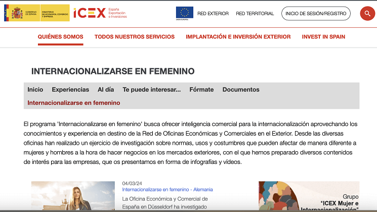 Portada de la nueva sección del portal Mujer e internacionalización