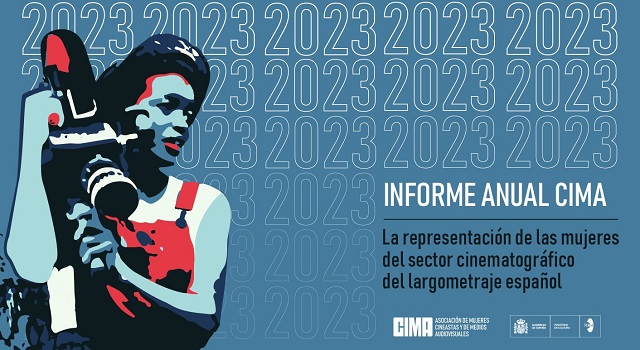 Cartel cinematográfico de mujer con cámara al hombro