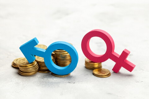 símbolos de género con monedas representando la brecha económica entre ambos sexos