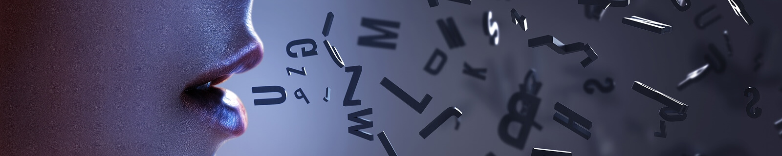 Letras volando que surgen de la boca de una mujer