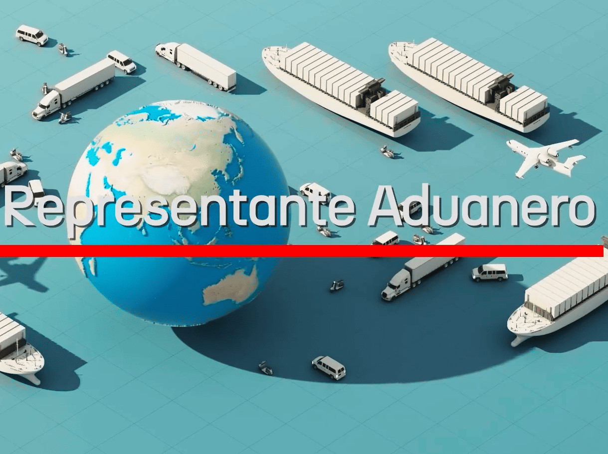 Ilustración del comercio y transporte internacional con un globo terráqueo, barcos, camiones y un avión, junto al texto «Representante Aduanero».