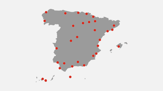 mapa de España con puntos rojos para representar sobre nosotros en España