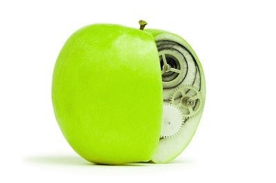 fresh green apple with mechanism inside concept