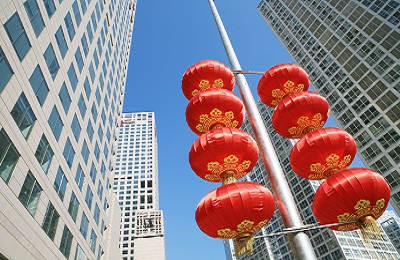 Red lantern and  skyscraper with blue sky in Beijing CBD(Central Business District),China. tradition   VS modern