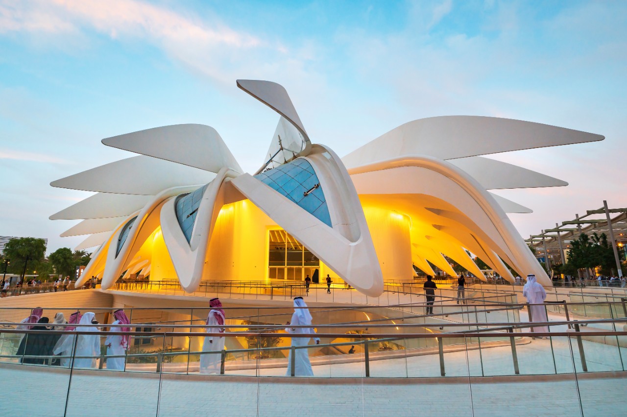 Dubai, United Arab Emirates - October 3, 2020: The UAE, United Arab Emirates Pavilion at the Dubai EXPO 2020 in the UAE with a falcon shape that can open its wings at sunset