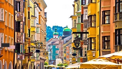 Historic street of Innsbruck view, alpine city in Tirol, region of Austria