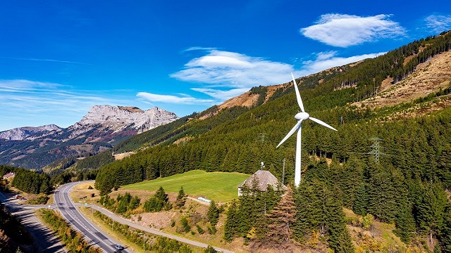 Nice view of the road and windmill ridge. Prabichl, austria, alps