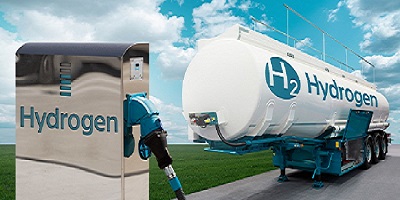 Tank trailer with hydrogen and H2 filling station on the background of a green field and blue sky. Renewable energy