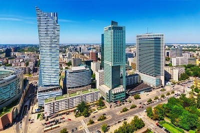 Scenic summer outdoor aerial view of corporate business district with modern skyscraper buildings in Warsaw, Poland