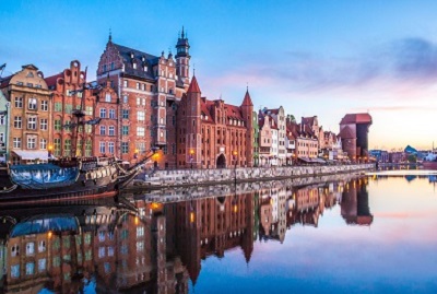 Gdansk old town and famous crane at amazing sunrise. Gdansk. Poland
