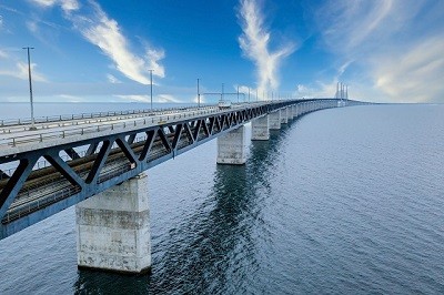 Aerial view of the bridge between Denmark and Sweden, Oresundsbron during bright sunny day.