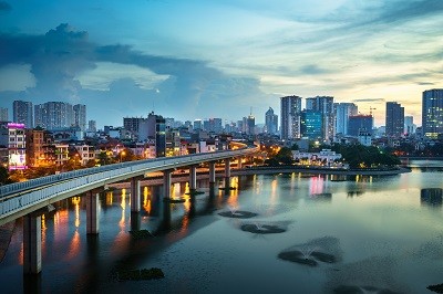 Aerial skyline view of Hanoi. Hanoi cityscape at twilight at Hoang Cau lake