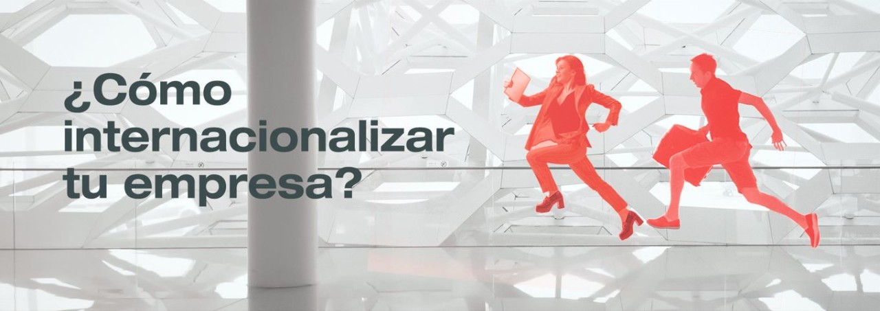 Al fondo una red gris. A la derecha dos personas rojas corriendo. A la izquierda ¿Cómo internacionalizar tu empresa?